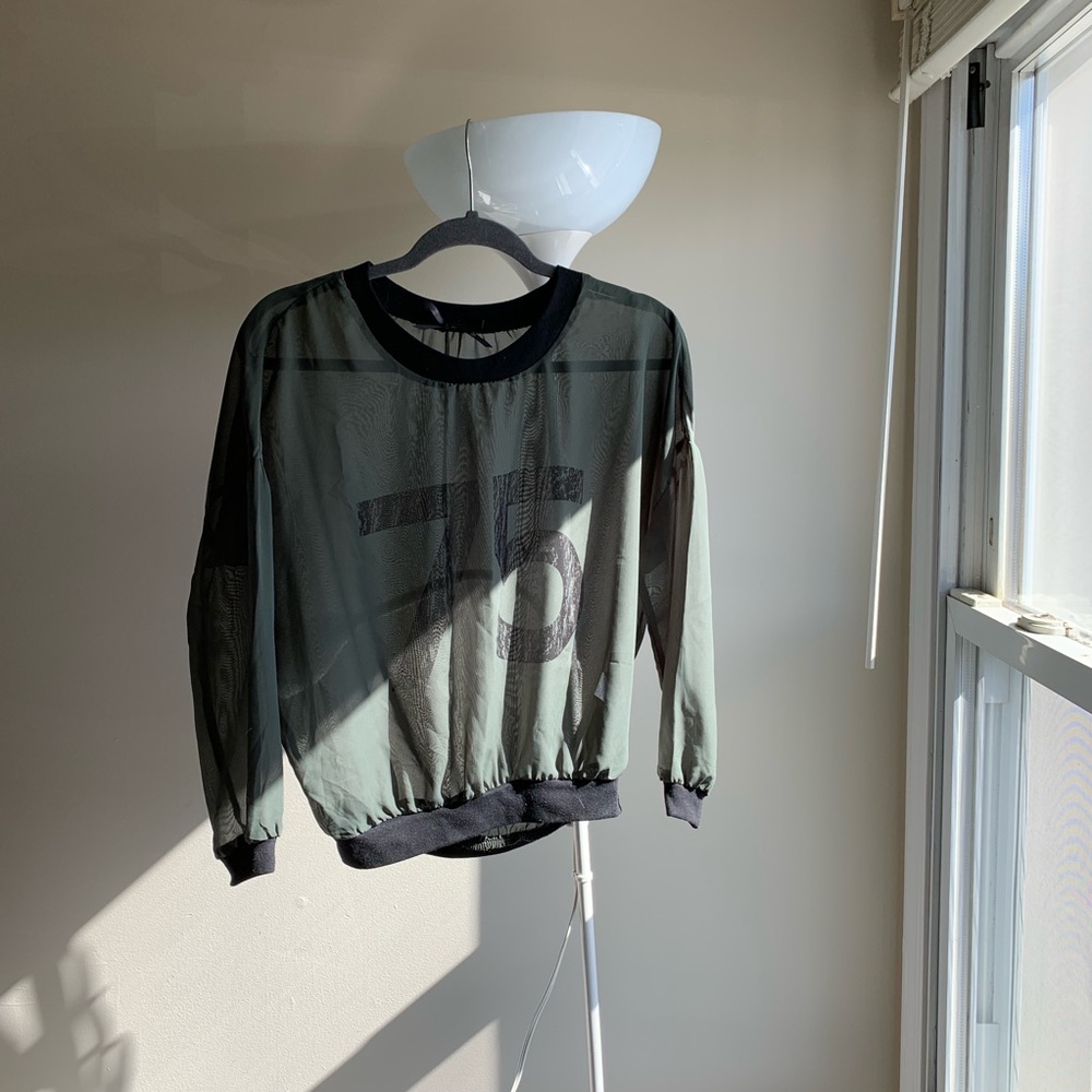 sheer olive green graphic top // never worn